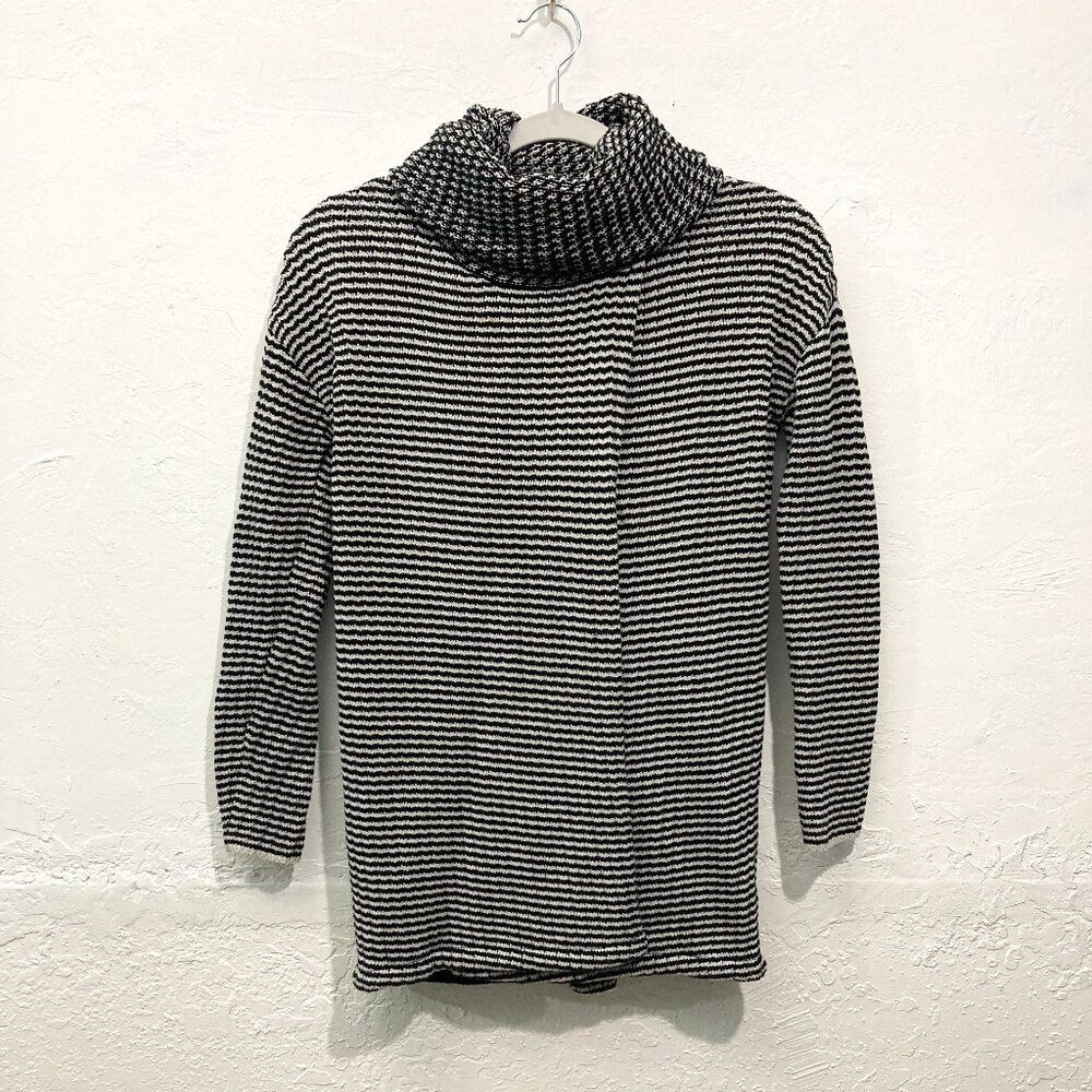 Cabi Black White Fergie Knit Split Turtleneck Sweater Overlap Striped XS